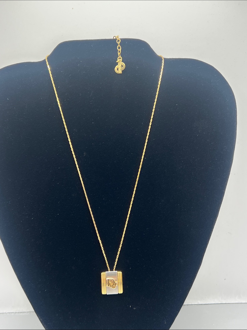 Dior vintage square pendant necklace, two tone gold & silver plate.